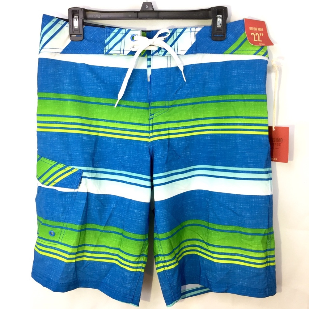Mossimo Mens Blue Green White striped swim trunks Size 34 Board Shorts Cargo